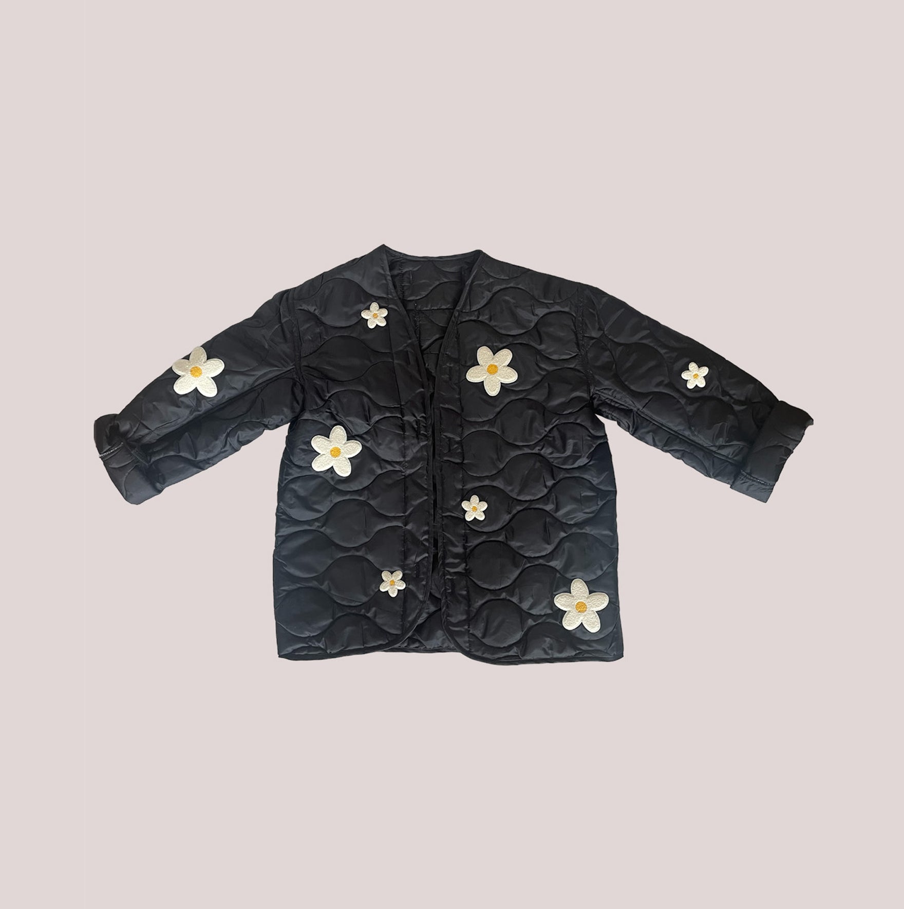 LINER JACKET-  DAISY CHENILLE PATCHES - BLACK