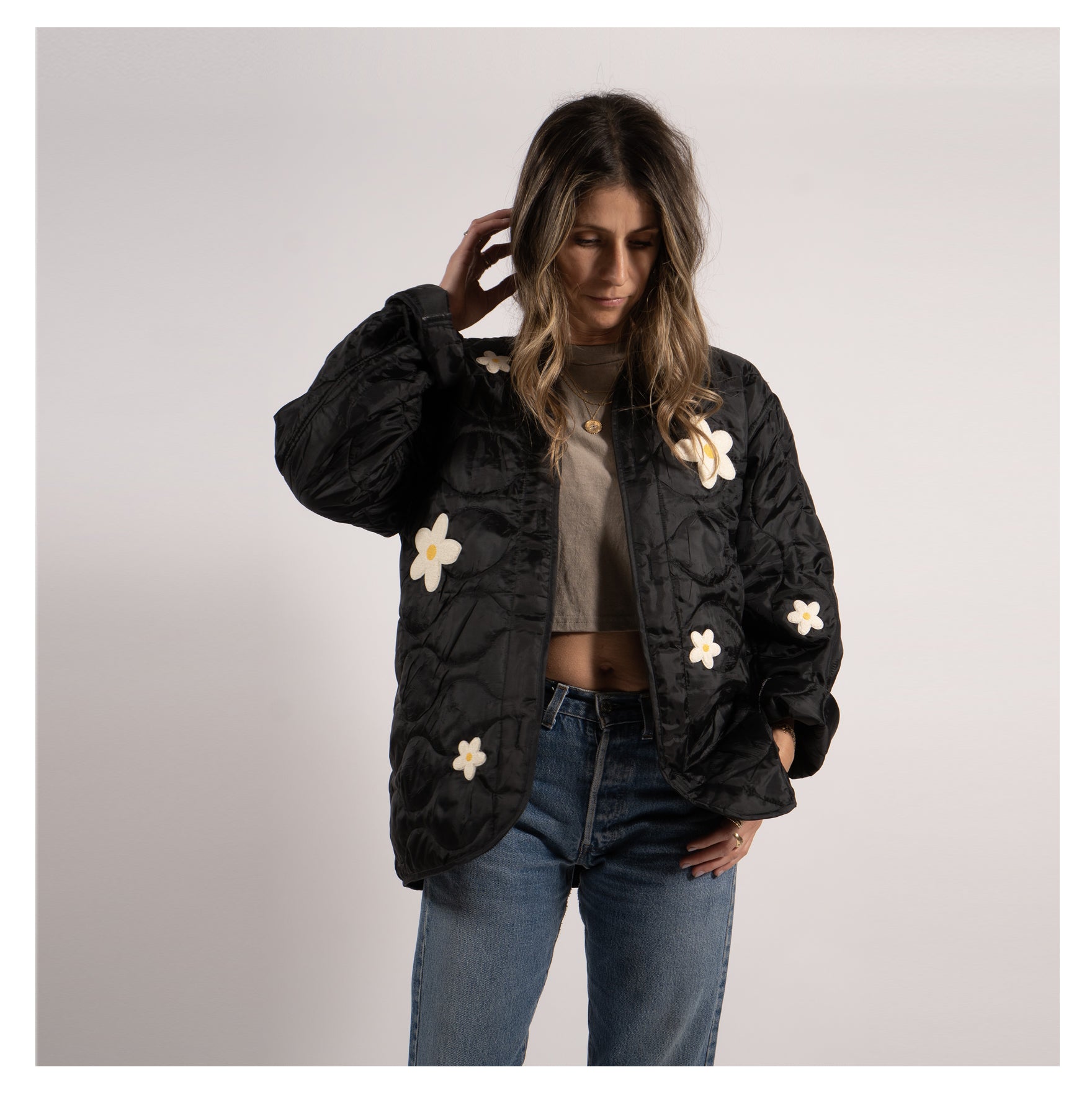 LINER JACKET-  DAISY CHENILLE PATCHES - BLACK